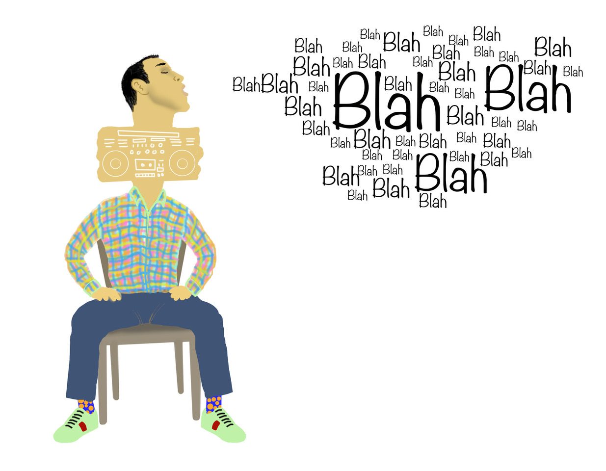 Illustration of Amer sitting on a chair with a boombox for a chest, eyes closed, a cloud of the word Blah coming out of his mouth